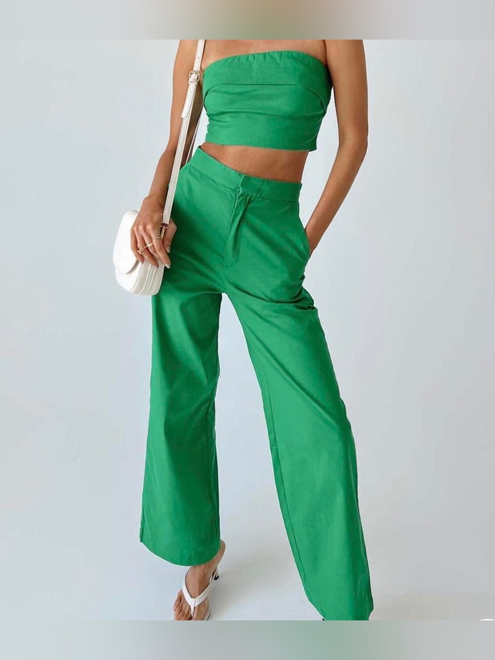 Princess Polly Kelly Green High-Waist Wide Leg Pants and matching bandeau top